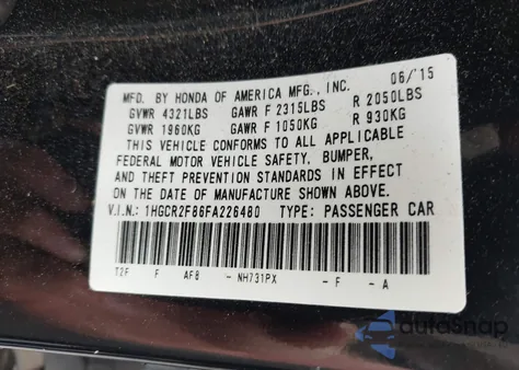 2015 Honda Accord Ex-L из США, поврежденный, VIN 1HGCR2F86FA226480